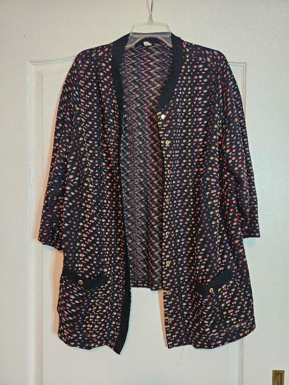 Vintage 90s Confetti Knit Cardigan Sweater Oversized Black Multicolor M/L/XL